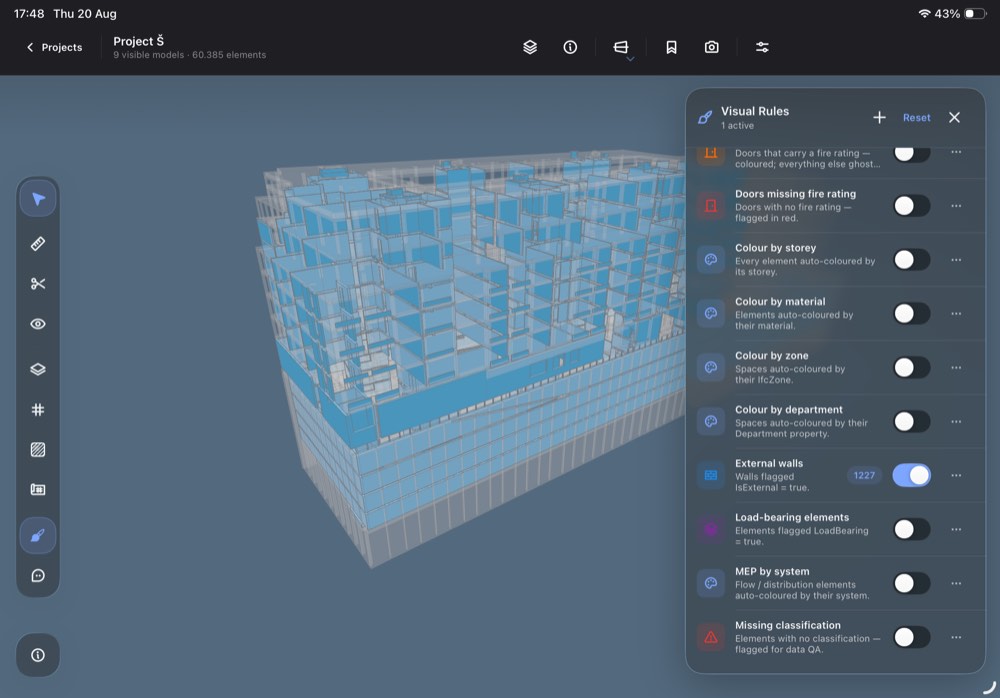 IFC Canvas on iPad showing a nine-model federation with Visual Rules highlighting external walls